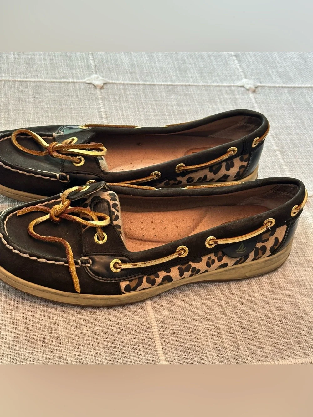 Sperry Top-Sider Boat Shoes Women 8M‎ Black Beige Leopard Mob Wife